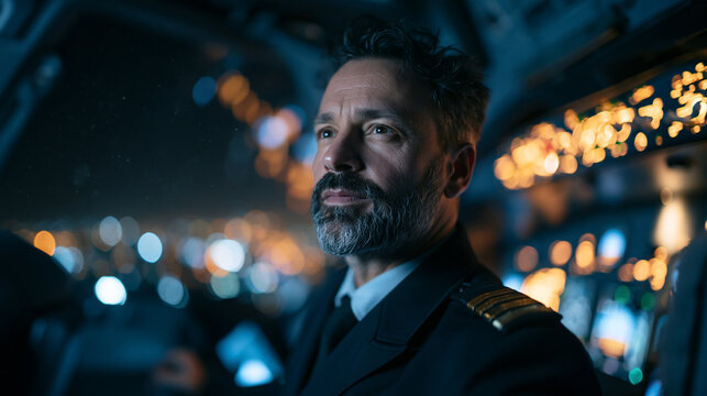 Male Airline Pilot Flying Commercial Airplane at Night