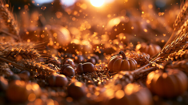 Autumn Harvest with Pumpkins and Wheat at Sunset