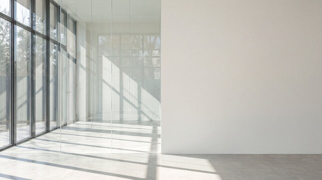 Empty Modern Office Interior with Large Windows and Blank Wall