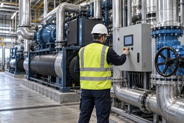 Fototapeta premium Civil engineer manager wearing a hard hat and high-visibility vest inspects an industrial cooling system.