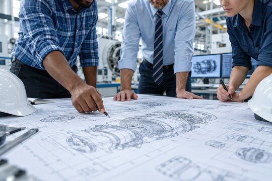 Diverse engineers and technicians gather around a table to analyze engine design technical drafts in an industrial engineering facility.