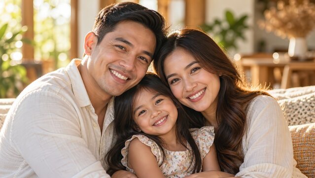 Happy Filipino family trio smiling at the camera during a portrait photo session.