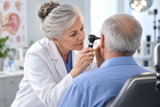 Senior female ENT specialist performs an ear examination using an otoscope on a retired man.
