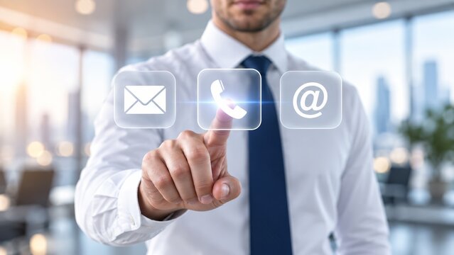 Businessman touching a telephone icon for customer support hotline connection.