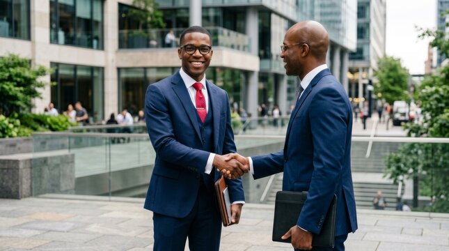 Two African American businessmen in suits and glasses shaking hands outdoors.