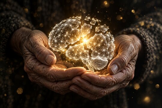 Elderly woman holding a broken and damaged glowing brain structure representing dementia and Alzheimer's disease.