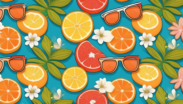 seamless pattern of summer citrus fruits sunglasses without logos and beach flowers