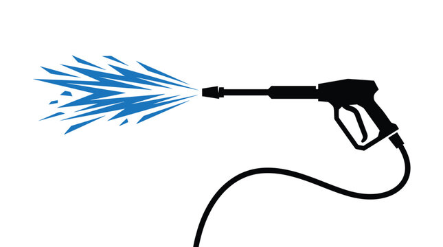 Pressure washer spraying water in a sharp graphic silhouette style on a clean white isolated background