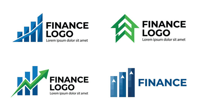 Professional finance logo set featuring blue bar charts and green growth arrows for corporate branding