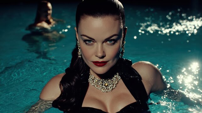 Alluring Woman in Pool: A captivating woman with dark hair and striking makeup, adorned with a diamond necklace, emerges from a pool, exuding an aura of mystery and glamour.