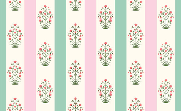 Seamless Mughal floral stripe pattern with traditional flower motifs for fabric and wallpaper design.