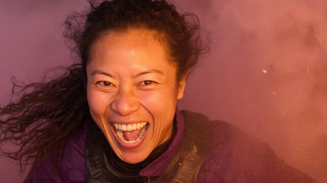 A Fiery Laugh: A woman with an infectious, wide grin is captured mid-laugh amidst swirling reddish smoke, radiating pure, uninhibited joy and exhilaration in this close-up, authentic portrait.