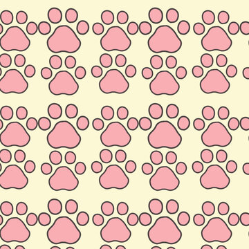 Seamless pink paw print pattern on cream background. Hand drawn pet footprint wallpaper for wrapping paper and fabric.