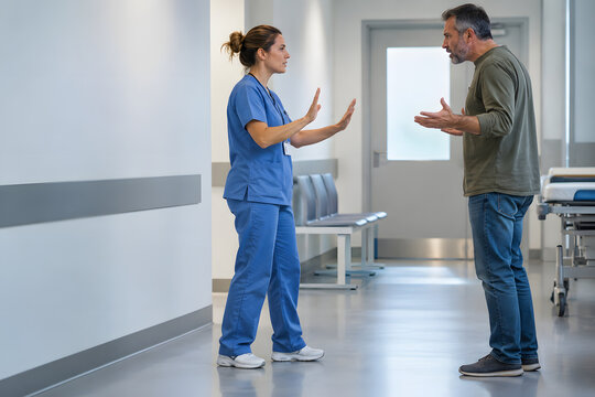Healthcare professional using calm de-escalation body language with an upset patient in a modern hospital corridor, illustrating workplace violence prevention and communication training.
