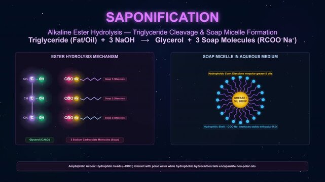 Saponification Reaction of Triglycerides into Soap and Glycerol