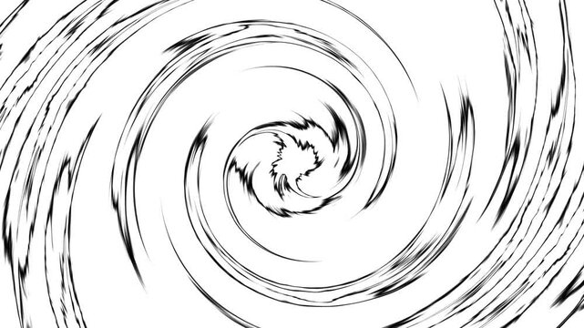 Black ink swirls form a dizzying vortex. Abstract motion evokes intense spinning energy