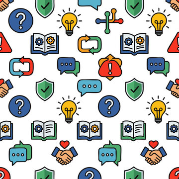 Colorful minimalist line-art icon set featuring question marks, lightbulbs, and support symbols on a clean background, concept for FAQ, customer service UI/UX design, and knowledge-base assistance