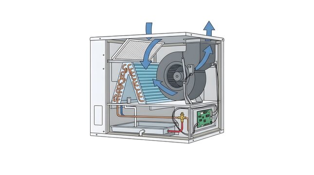 Detailed technical illustration showing internal components and airflow direction inside a modern air handler unit HVAC system