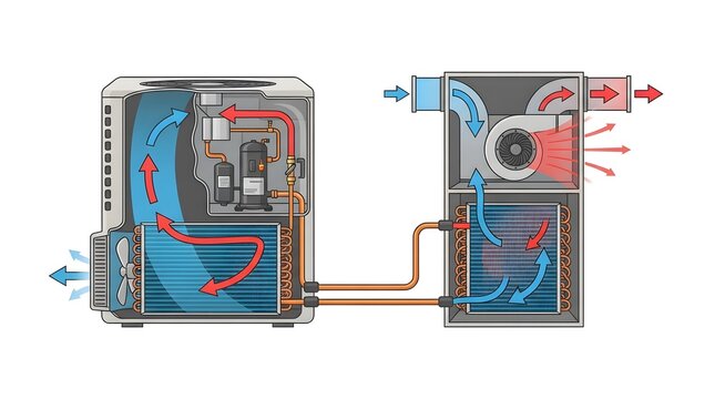 Detailed technical diagram of an air source heat pump system showing indoor and outdoor units for residential heating and cooling