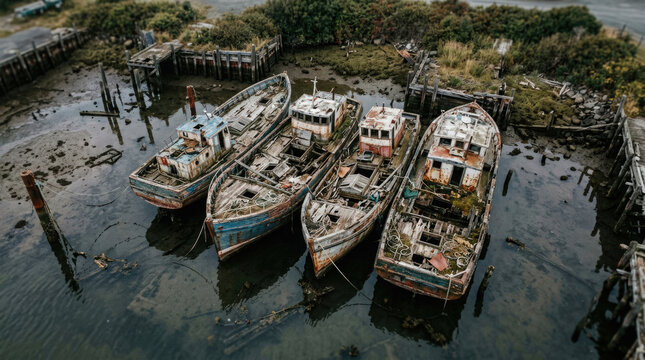 Aerial View of Abandoned Rusty Fishing Boats in Decaying Coastal Harbor