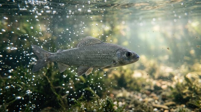 Freshwater Fish Swimming Underwater in Clear Natural River with Rising Air Bubbles