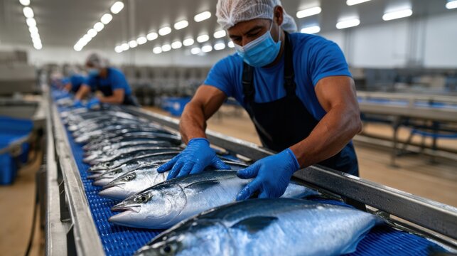 Workers in protective gear sorting fresh fish on a conveyor in a clean seafood processing facility.