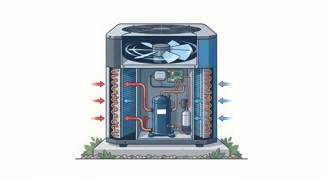 Technical cutaway diagram of an outdoor heat pump air conditioning unit showing internal compressor fan and refrigeration cycle components