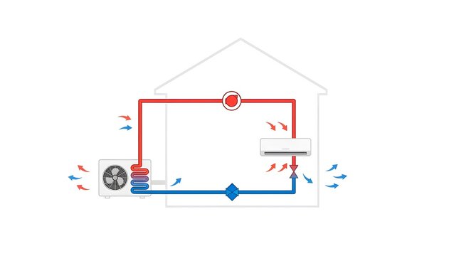 Schematic diagram of an air source heat pump system cycle for residential house heating and cooling efficiency