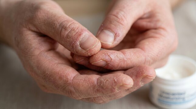 Close Up of Dry Cracked and Peeling Skin on Hands Showing Irritation and Dermatological Problem
