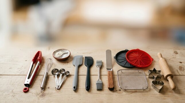 Assorted Kitchen Cooking and Baking Utensils Neatly Arranged on Rustic Wooden Table