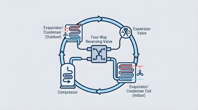 Detailed technical vector infographic of an HVAC heat pump refrigeration cycle showing compressor, expansion valve, and reversing valve components.