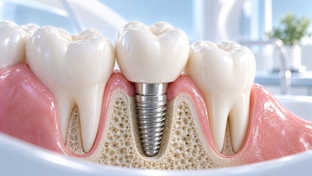 A close up 3D render illustration showing a dental implant in human jaw bone