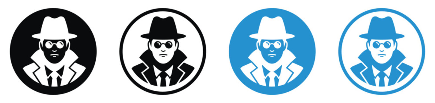 Secret agent detective avatar icon set showing a man wearing a fedora hat, sunglasses, and trench coat in black and blue circular badges.