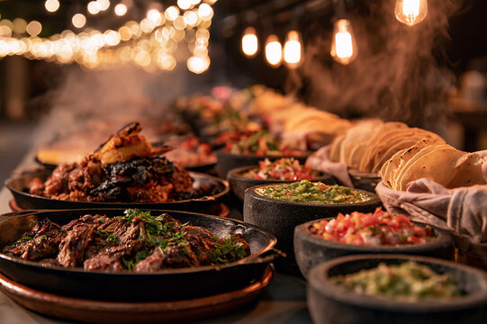 vibrant Mexican street taco buffet with cast-iron skillets