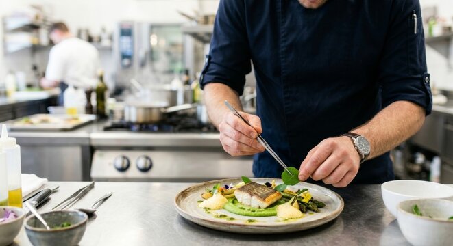 Professional chef meticulously plating a gourmet fish dish