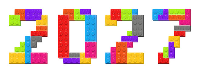 2027 New Year and Christmas concept made with colored plastic constructor parts isolated. Play and build concept. Vector png © boxerx
