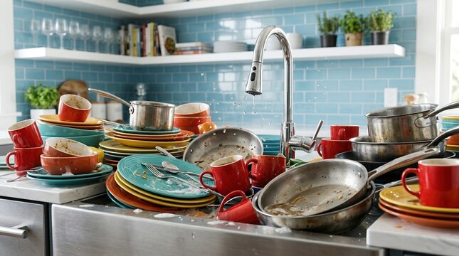 Large pile of dirty dishes, pots, and pans stacked in a modern kitchen sink with blue tile backsplash, representing household chores and cleaning tasks, concept of household chores and domestic overlo