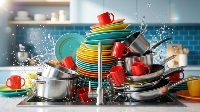 Large stack of colorful dirty dishes and pots piled high in a kitchen sink with water splashing around them, representing a chaotic household chore, concept of household chore overload and domestic ch
