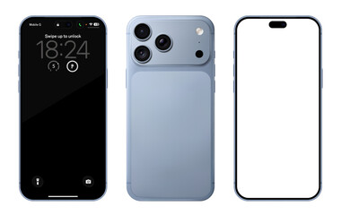 Obraz premium Detailed blue mobile phone mockup. Front and rear view isolated on transparent background. Vector PNG