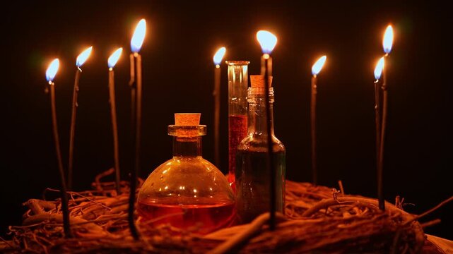 Occult and esoteric witchcraft doctor background with potion vials. Halloween background with magic objects. Black candles with fire flares on the wicks and potions vials. Mystic witchery ceremony.