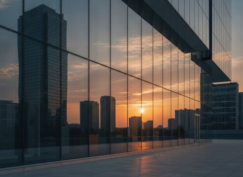 Modern glass skyscraper reflecting a golden sunset over the city skyline, showcasing contemporary architectural design and urban business district atmosphere, concept of urban growth and corporate suc
