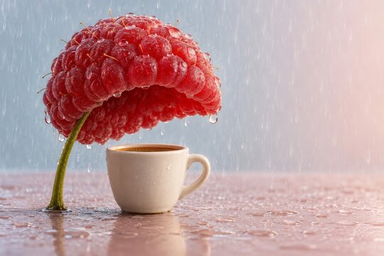 Raspberry Umbrella Protecting Coffee Cup from Rain