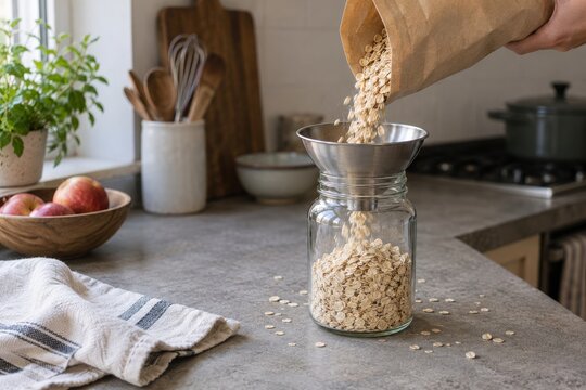 Pouring Rolled Oats into Glass Storage Jar in Kitchen