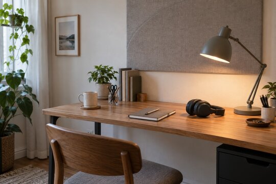 Cozy Home Office Desk with Headphones and Notebook