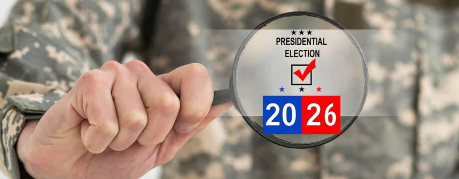 focus on vote election sticker, Concept of 2026 American Midterm Elections. Midterm Election sign in front of US flag 2026