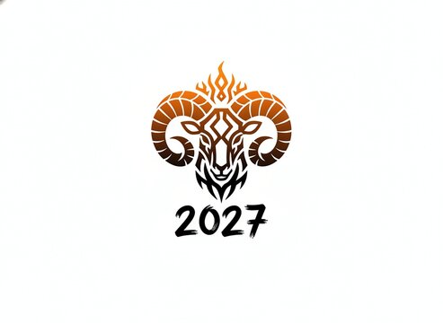 Stylized ram head logo with curved horns and 2027 text for the Chinese Zodiac Year of the Goat or Sheep, isolated on white background, concept of the chinese zodiac year of the goat and future celebra