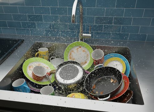 Pile of dirty dishes and pans in a kitchen sink with water splashing, showing a messy household chore and domestic chaos, concept of domestic chaos and household chores