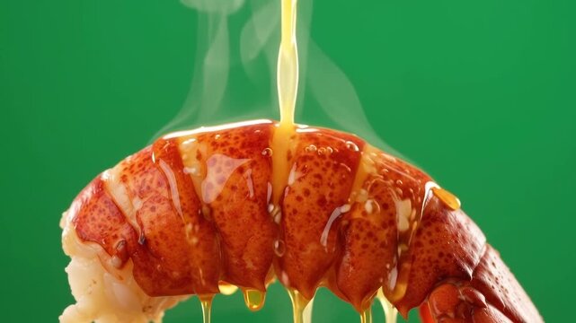 Close Up of Pouring Hot Clarified Butter Over Fresh Lobster Tail.