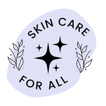 Lavender Purple Skincare For All Organic Badge Logo with Botanical Leaves and Black Sparkles Vector Illustration