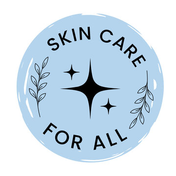 Light Blue Skincare For All Round Badge Logo with Botanical Leaves and Black Sparkles Vector Illustration